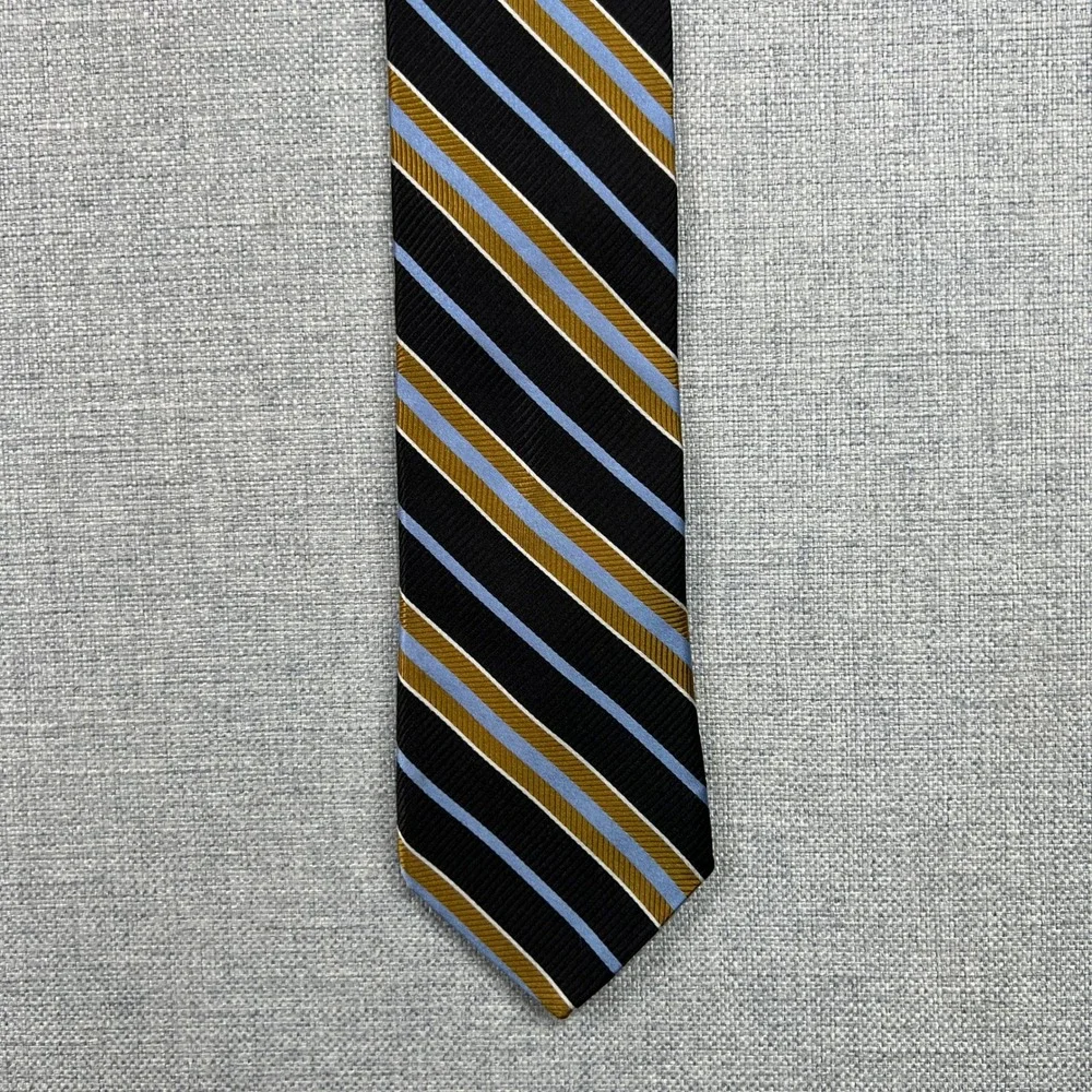 Dion Signature Silk Regimental Stripe Mens Neck Tie‎ Black Gold Blue Prep Formal